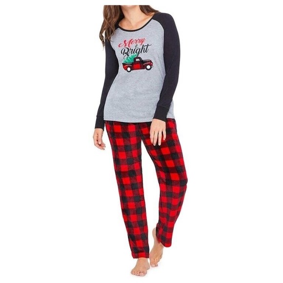 Pajama Holiday Merry Bright Red Truck Check Print Pajamas 2 Piece Long Sleeve - Picture 1 of 7